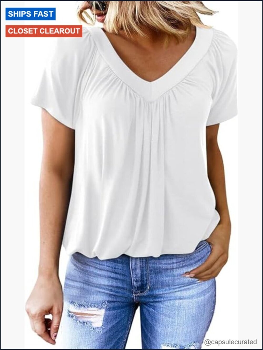Women's V Neck Short Sleeve Tunic Tops Loose Fit Summer Tee